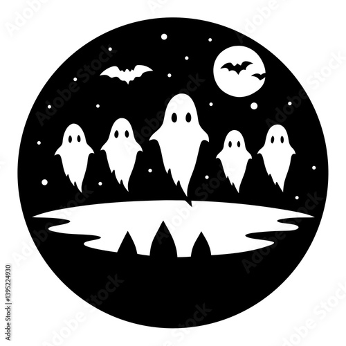 Halloween vector with ghost shapes under creepy orange sky. Perfect for print-on-demand items and spooky posters.