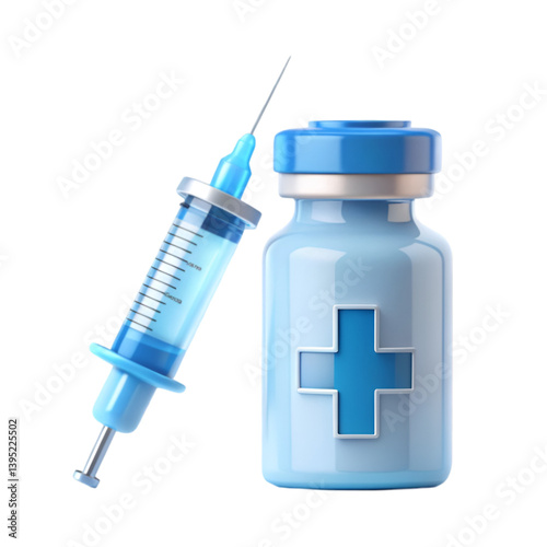 virus arrangement with vaccine bottle and syringe on white background
