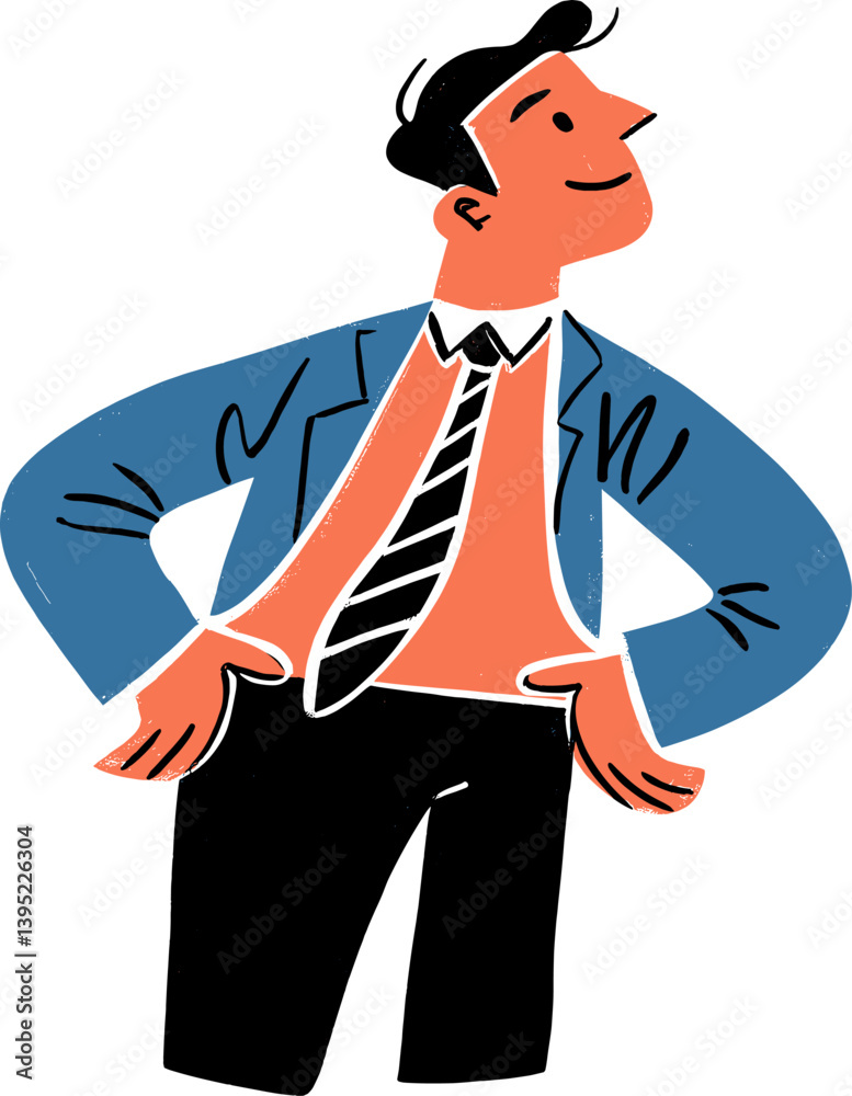 Businessman posing confidently with hands on hips cartoon isolated on transparent background. Vector illustration.