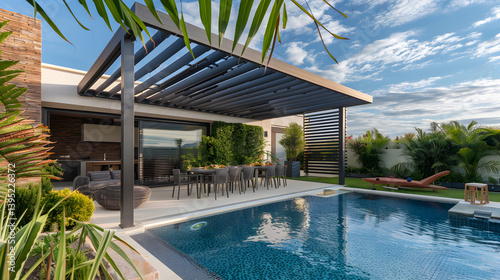 Modern Poolside Pergola with Tropical Garden and Outdoor Lounge