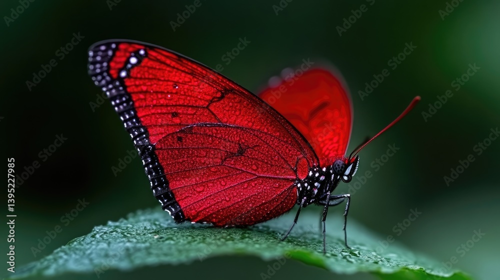Fototapeta premium Vibrant red butterfly perched on a green leaf