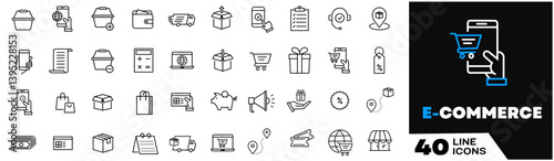 Ecommerce icon collection set. Containing shopping cart, sale tag, bag, credit cards, search, basket, quality icon. Simple line vector.