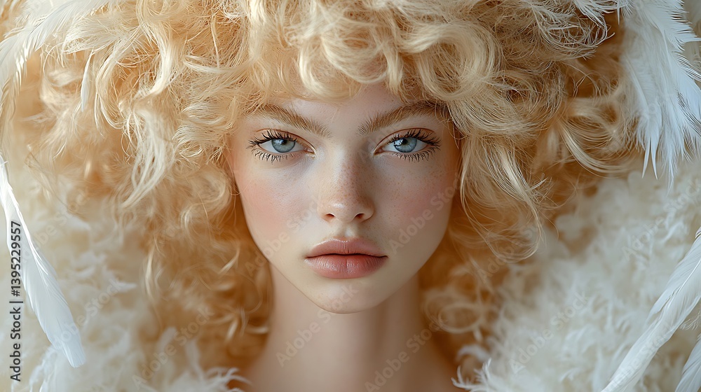 Fototapeta premium A portrait of a young woman with voluminous blonde curls and light blue eyes.