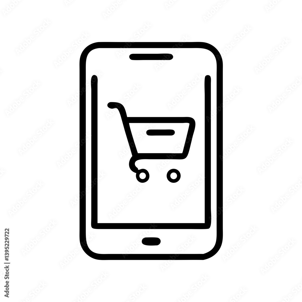 Mobile phone displaying shopping cart icon Mobile phone displaying shopping cart icon