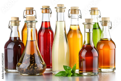 vinegar types glass bottles on white