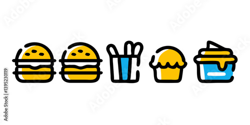 Fast food icons with burgers, fries, cupcake, and dessert  