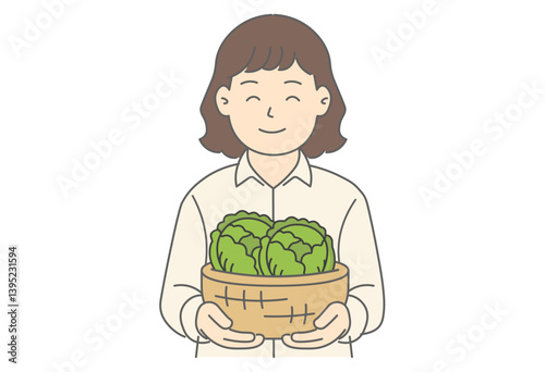Illustration of a Woman Holding Cabbages

