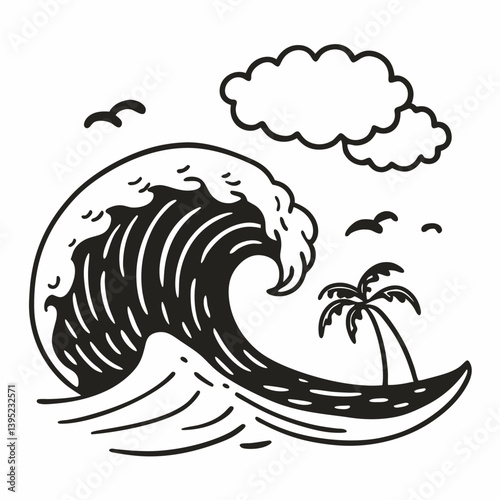 Monochrome Tropical Wave with Palm Tree and Birds in Minimalist Style