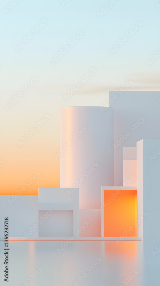 Abstract Geometric Shapes at Sunset: Minimalist White and Orange 3D Render Abstract Geometric Shapes at Sunset: Minimalist White and Orange 3D Render