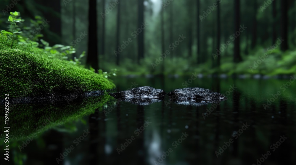 Lush forest stream reflecting dark trees. Moss-covered rocks, tranquil water Lush forest stream reflecting dark trees. Moss-covered rocks, tranquil water
