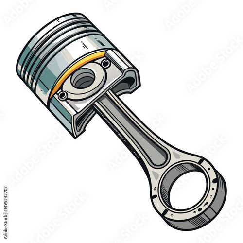 Create a bold, vector illustration of a motorcycle piston, emphasizing strong lines and metallic texture.  Include detailed internal components.