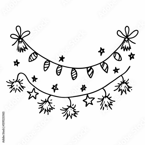 Hand Drawn Festive Garlands with Bows, Stars, and Tassels for Holiday Decor