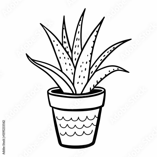 Hand Drawn Aloe Vera Plant in Pot Black and White  Illustration