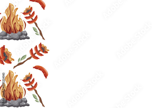 poster with an icon of sausages fried on an open fire on a wooden stick with green leaves and a bright hearth with gray stones around it