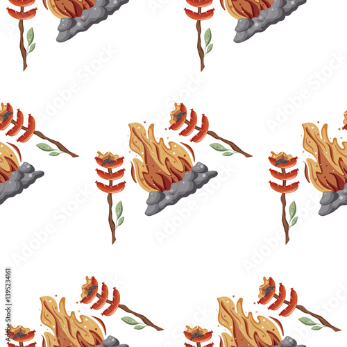 pattern with an icon of fried sausages on an open fire on a wooden stick with green leaves and a bright hearth with gray stones around it