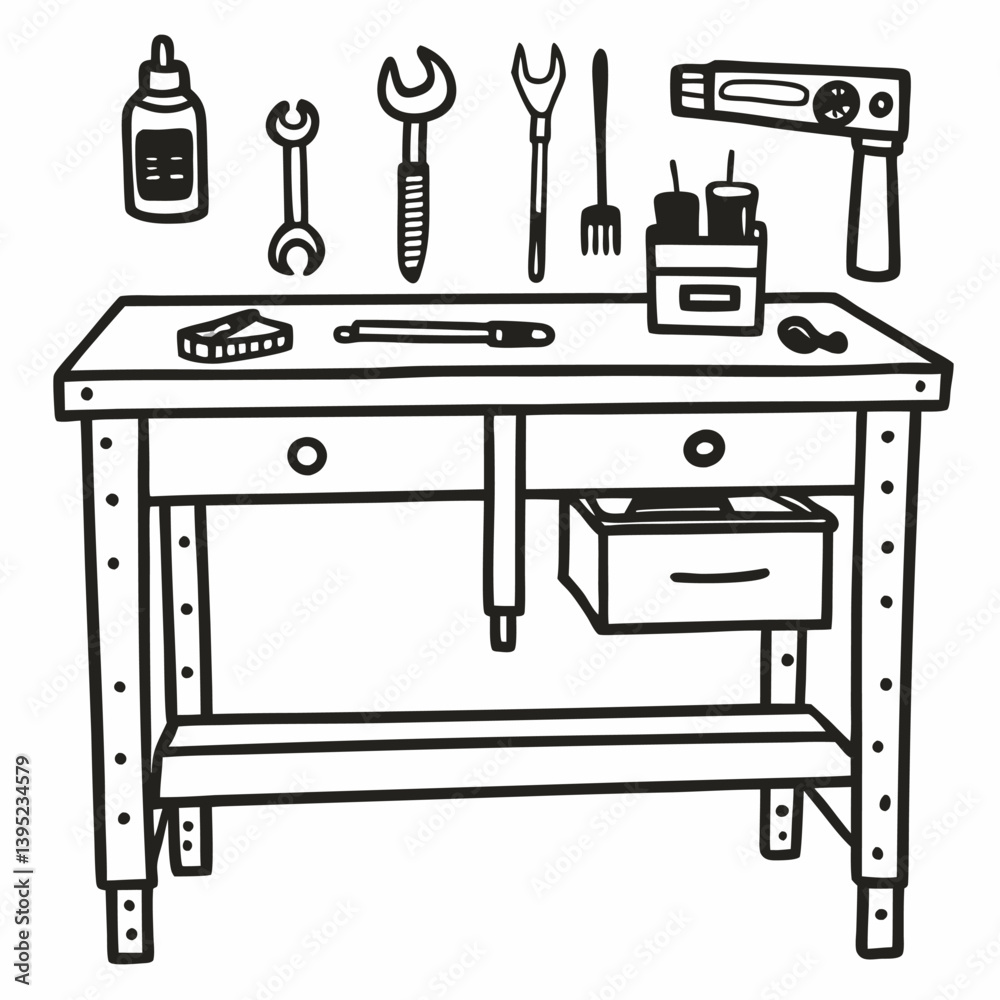 Hand Drawn Workshop Tools on a Wooden Workbench Illustration Hand Drawn Workshop Tools on a Wooden Workbench Illustration