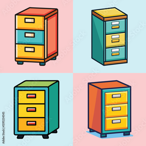 Colorful Cartoon Illustration of Four Different File Cabinets with Three Drawers Each
