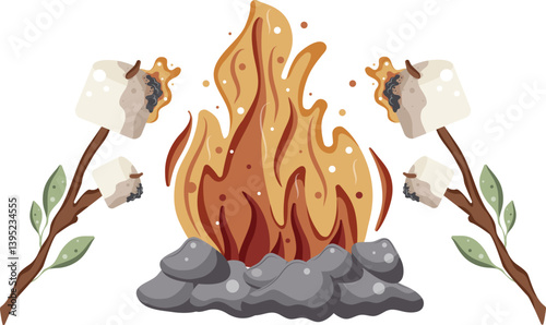icon of roasted marshmallows on an open fire on a wooden stick with green leaves and a bright hearth with gray stones around it