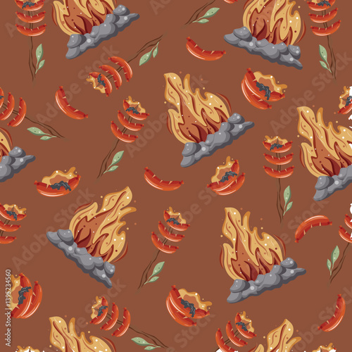 seamless pattern with an icon of fried sausages on an open fire on a wooden stick with green leaves and a bright hearth with gray stones around it on a red background