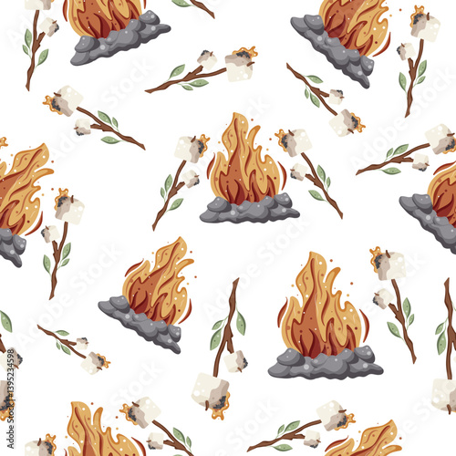 seamless pattern with an icon of roasted marshmallows on an open fire on a wooden stick with green leaves and a bright hearth with gray stones around it