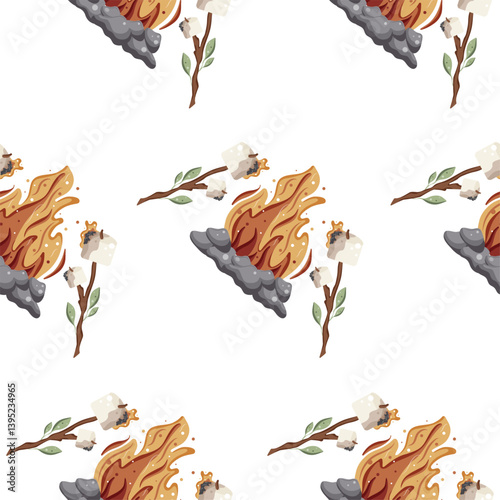pattern with an icon of a roasted marshmallow on an open fire on a wooden stick with green leaves and a bright hearth with gray stones around it