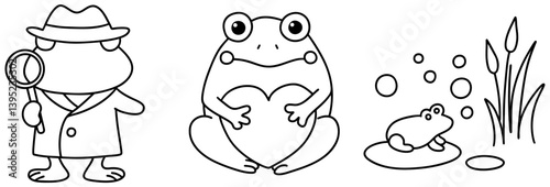 Cute frog illustrations showcase detective frog, heartwarming frog, and playful frog in pond