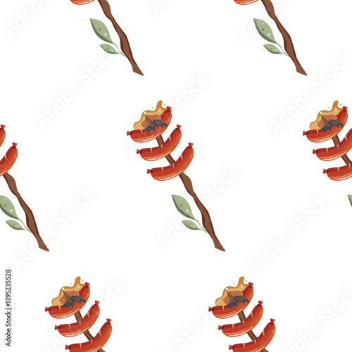 pattern with an icon of sausages fried on an open fire on a wooden stick with green leaves