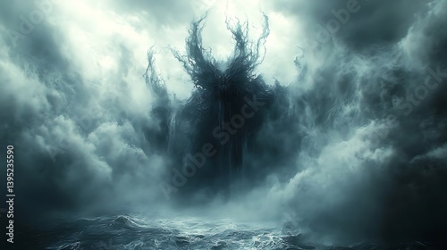 A colossal, ominous entity emerges from a tempestuous sky over a tumultuous sea.