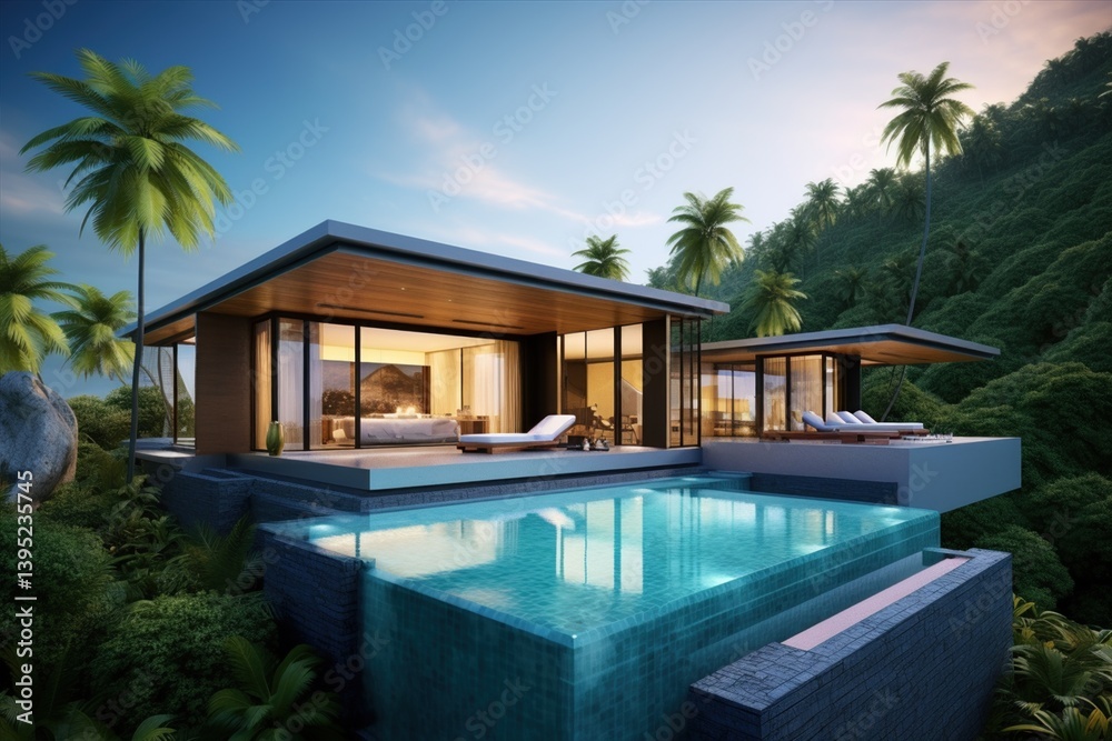 Fototapeta premium Elegant cliffside villa with infinity pool, sun loungers, lush greenery, and breathtaking ocean vistas, offering an ideal tropical retreat