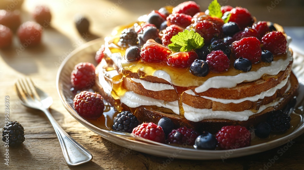 HDR macro image of berry toast with honey drizzle styled with fork and spoon on wood surface created with Generative AI technology HDR macro image of berry toast with honey drizzle styled with fork and spoon on wood surface created with Generative AI technology