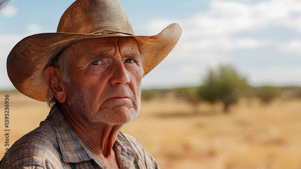 Fototapeta premium portrait of a weathered rancher in a dusty landscape