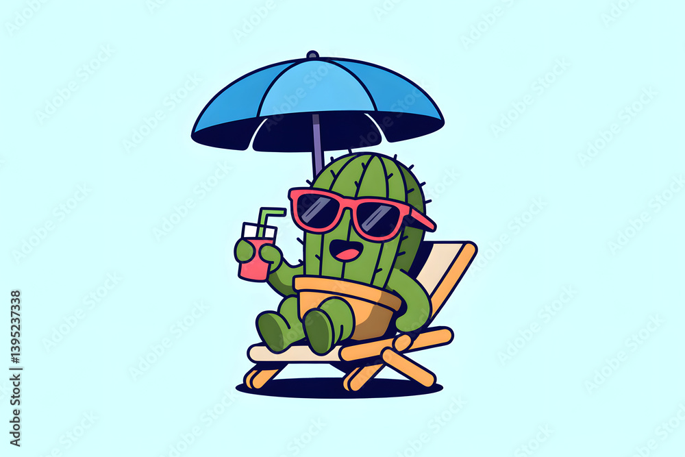 Fototapeta premium Humorous flat design vector illustration showing a happy cactus wearing sunglasses, relaxing in a beach chair under a parasol, and holding a refreshing drink, embodying a funny summer vacation concept
