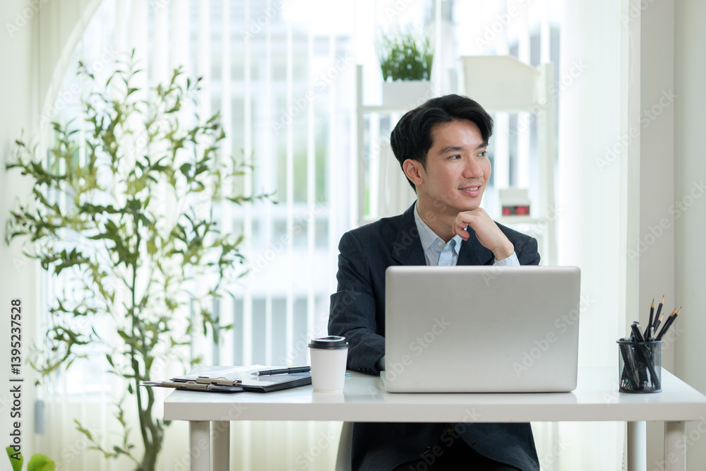 Smart businessman working in a minimalist office setting, appearing optimistic and engaged. Smart businessman working in a minimalist office setting, appearing optimistic and engaged.