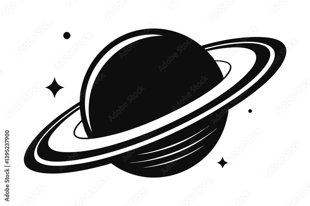 Minimalist Planet Saturn With Rings, Star, and Dot in Black and White on a White Background
