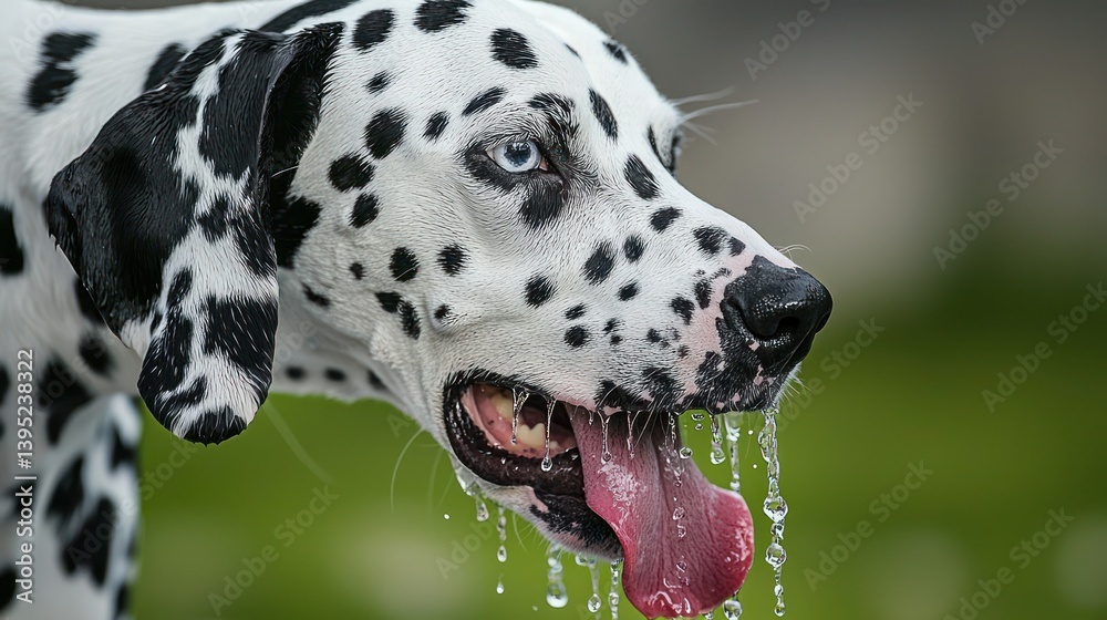 A Dalmatian drinking from a garden hose, water dripping from its tongue. A Dalmatian drinking from a garden hose, water dripping from its tongue.