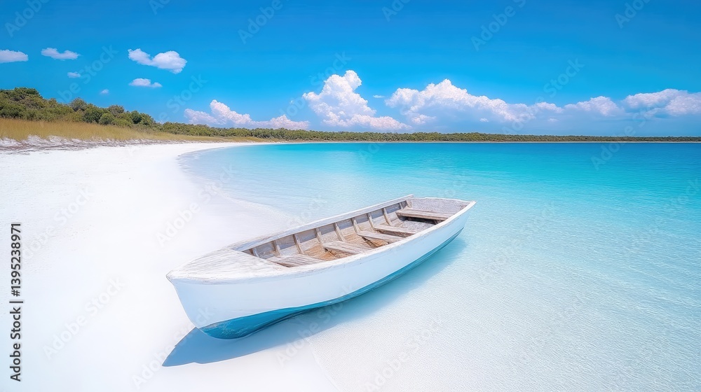 Naklejka premium Pristine white sand beach meets turquoise water, perfect for a peaceful boat ride. Tranquil lake scene, ideal for relaxation