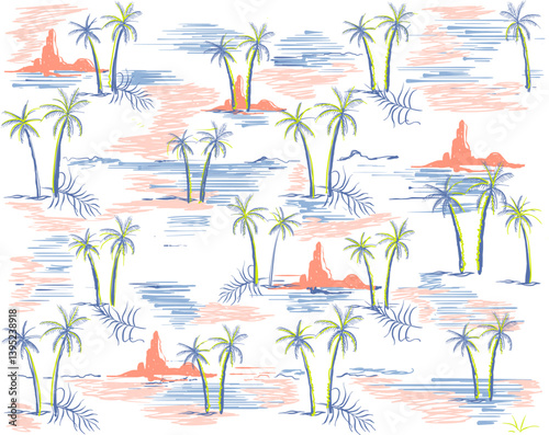 hand drawn palm tree pattern. Beach seamless pattern. Palm tree, ocean waves vector repeat. summer patterns. tropical . vintage retro palm tree graphic. t-shirt, sweatshirt, pant, 