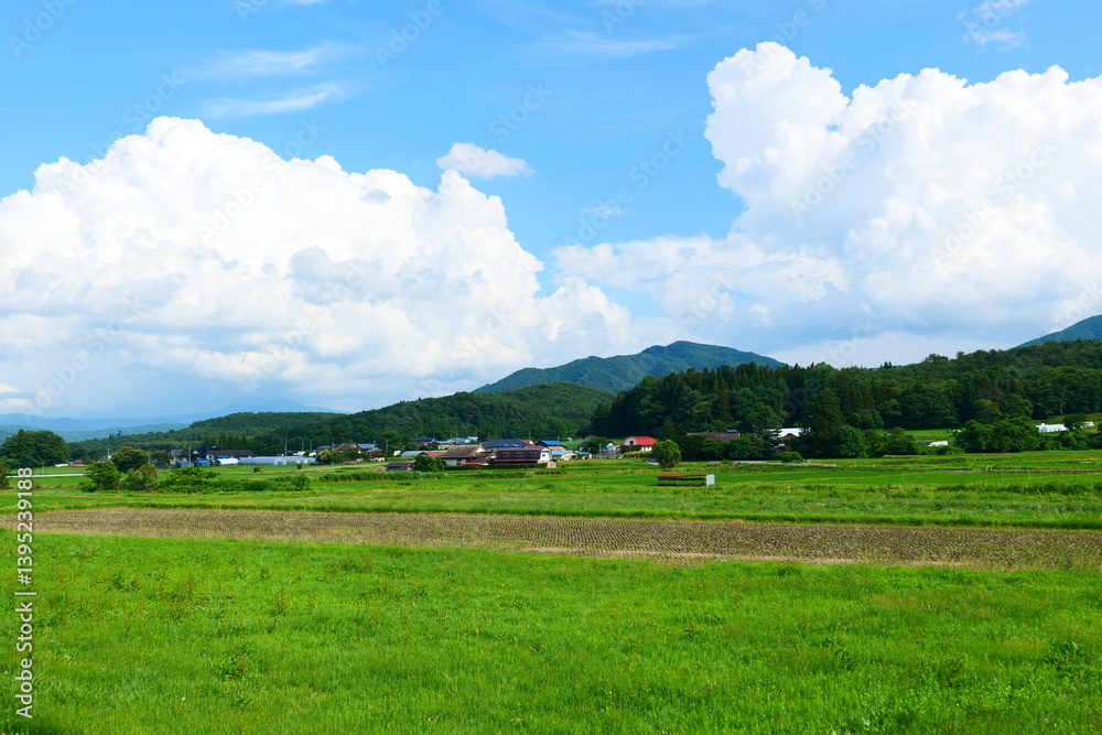 Obraz premium 日本の原風景、夏の山里。遠野、岩手、日本。7月上旬。