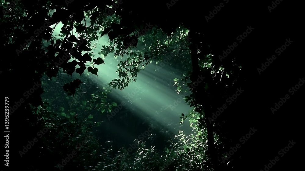 Obraz premium Sun rays through trees in forest; Light, nature, greenery, and woods in background for peaceful vibe