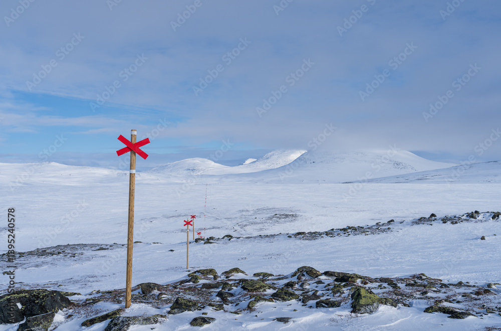 Marked trail for cross-country skiing in the Jämtlands fjällen, Sweden.