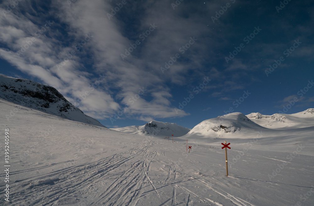 Night in the snow covered mountains of the Sylarna mountain range.
