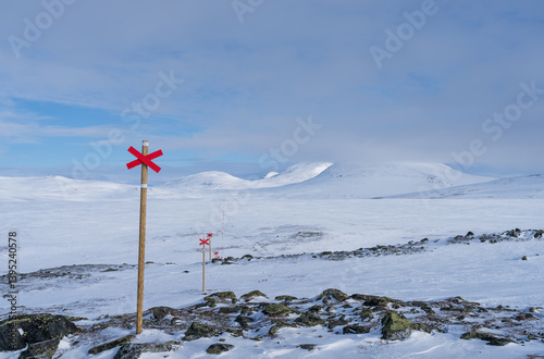 Obraz na płótnie Marked trail for cross-country skiing in the Jämtlands fjällen, Sweden. w salonie