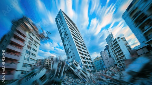A time-lapse photo showing buildings swaying during a seismic event.