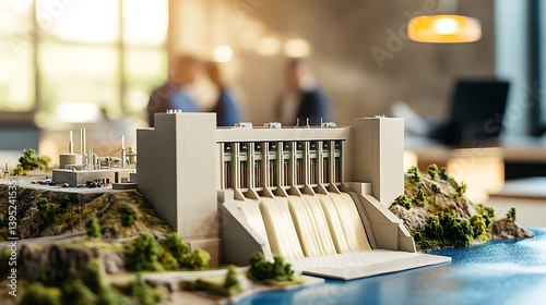 A small hydro power station model sits on an office desk, illuminated by natural light in a professional office environment.