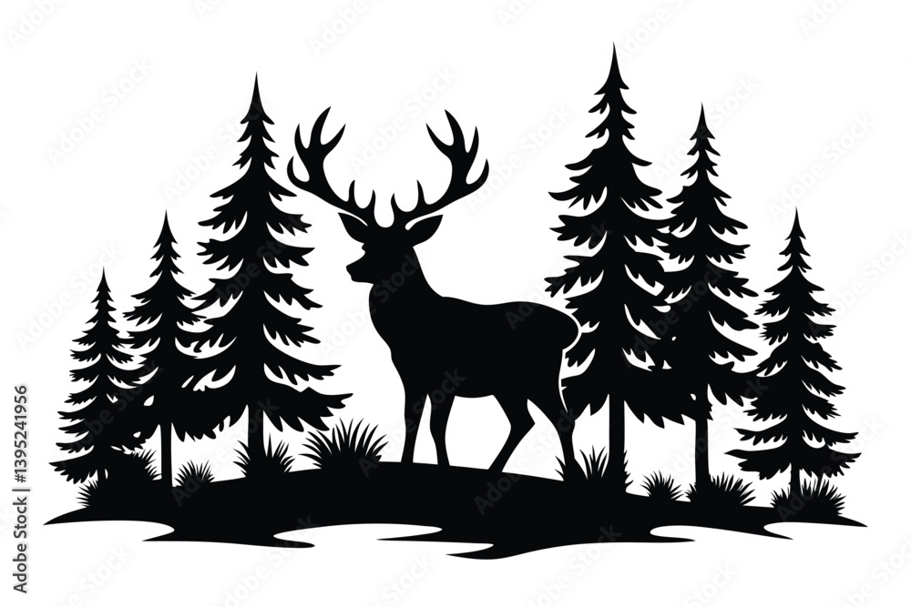Fototapeta premium Silhouette of Stag Deer with Antlers Between Spruce Trees