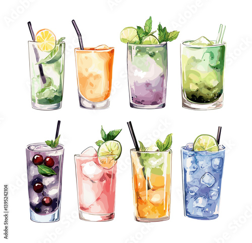 Watercolor cocktails set, mojito, bubble tea, lemonade
