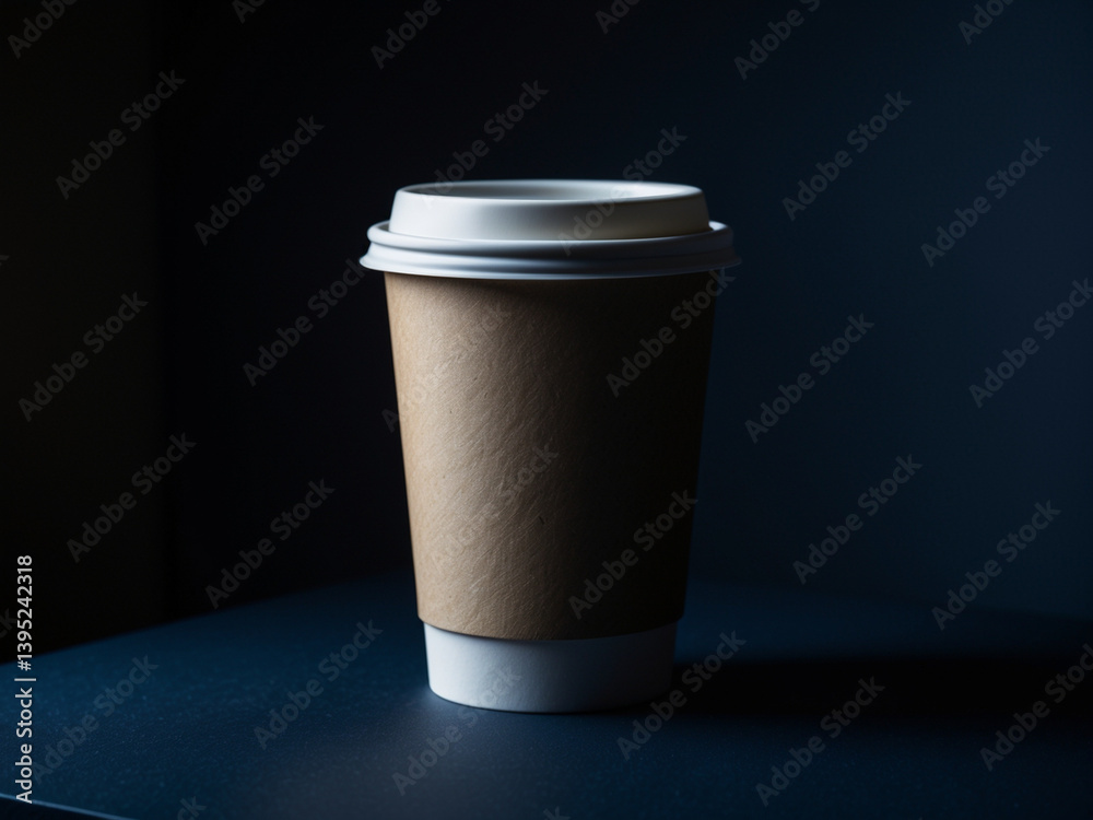 A minimalist photo of a disposable coffee cup with a white lid, set against a dark background. A minimalist photo of a disposable coffee cup with a white lid, set against a dark background.