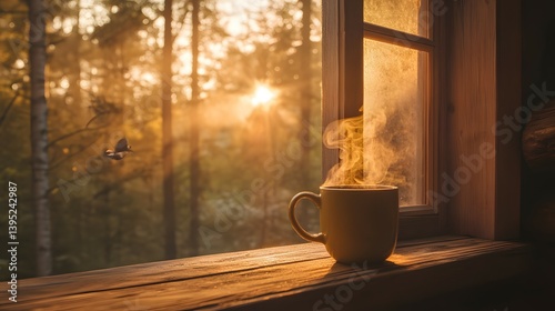 A remote cabin in a pine forest, golden light streaming through the window as steam rises from a mug of tea, and birds chirp softly outside.