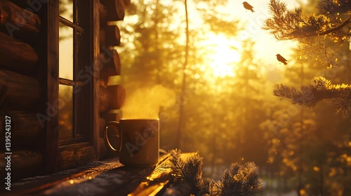 A remote cabin in a pine forest, golden light streaming through the window as steam rises from a mug of tea, and birds chirp softly outside.