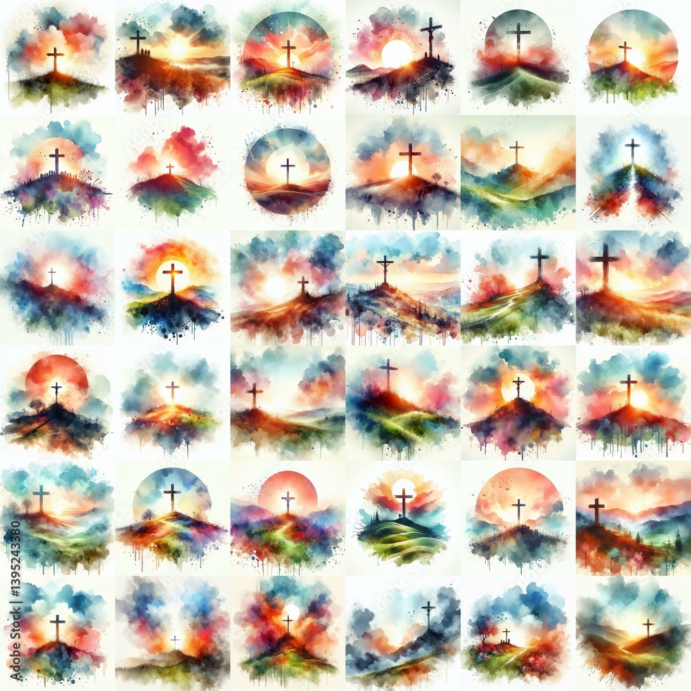 Cross on the hill. Watercolor drawing. AI generated illustration